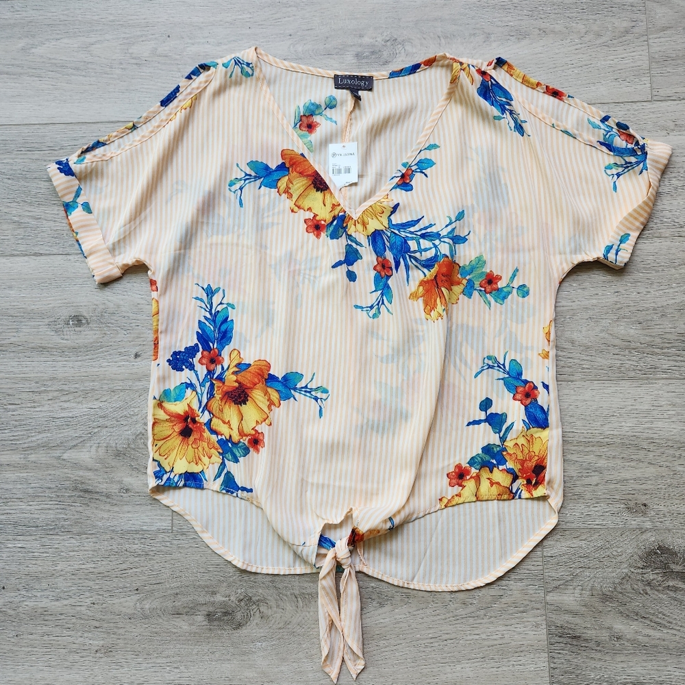 Luxology Orange Floral Shirt Womens Small Striped Front Tie Short Sleeve Nwt